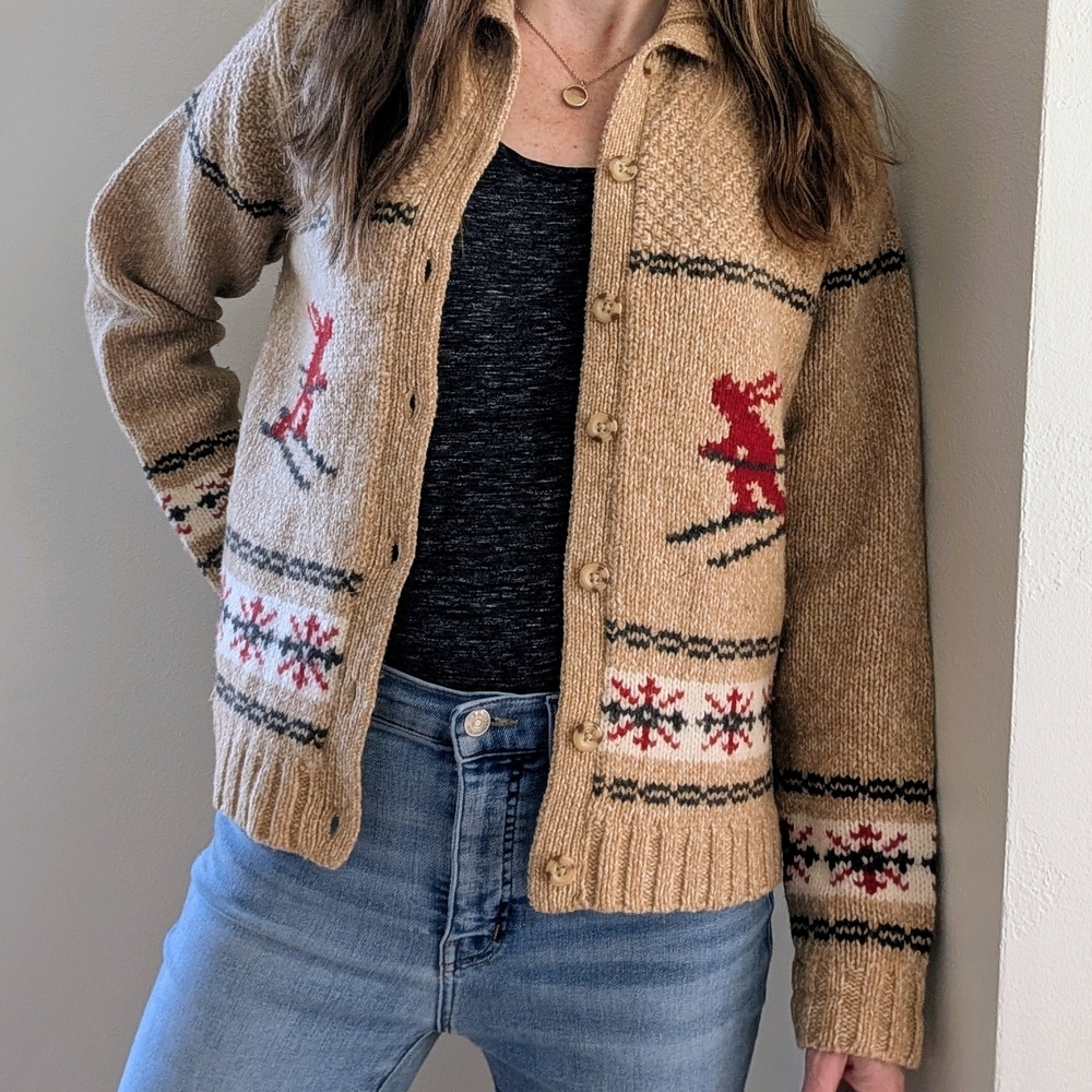 Vintage Eddie Bauer Ski Patterned Button Front Collared Wool Cardigan Sweater - Picture 2 of 7